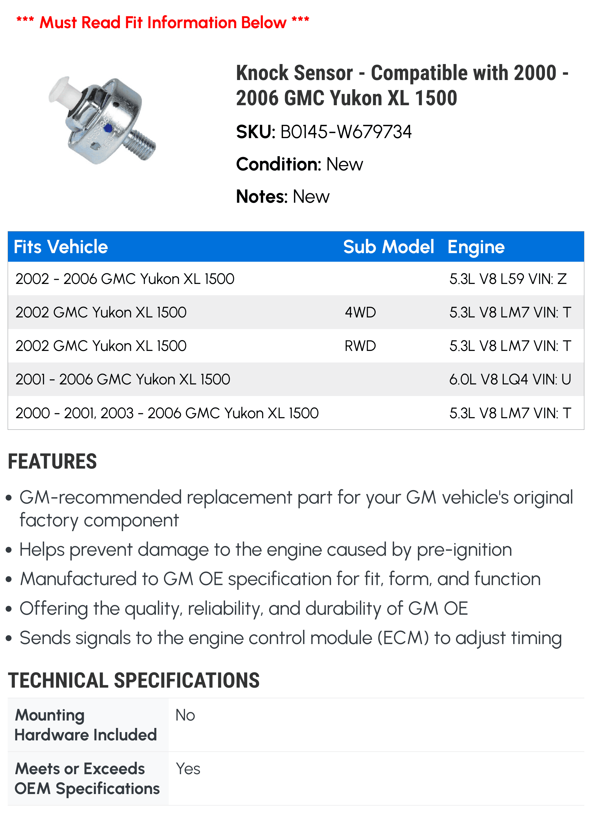 Knock Sensor - Compatible with 2000 - 2006 GMC Yukon XL 1500 - AC Delco