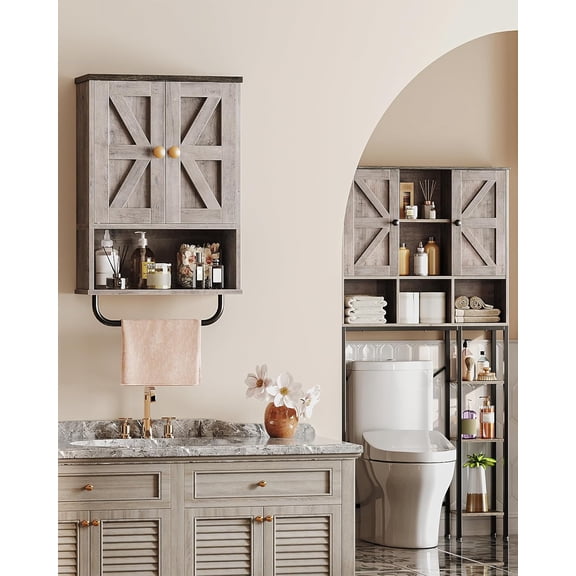 Bathroom Wall Cabinet, Medicine Cabinet with Open Partition and Towel Bar, Rustic Storage Cabinet with Open and Hidden Storage Space, for Bathroom, Living Room, Greige and Charcoal Black