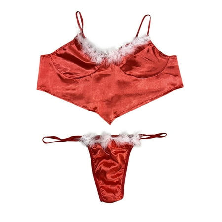 

DNDKILG Nightwear Lingerie Set for Women Soft Feather Bra and Panty Set Sexy Lingerie Two Piece Red XL