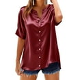 thumbnail image 2 of HongQid Silk Button Down Shirts for Women Satin Short Sleeve V Neck Casual Work Office Blouse Tunic Tops, 2 of 5