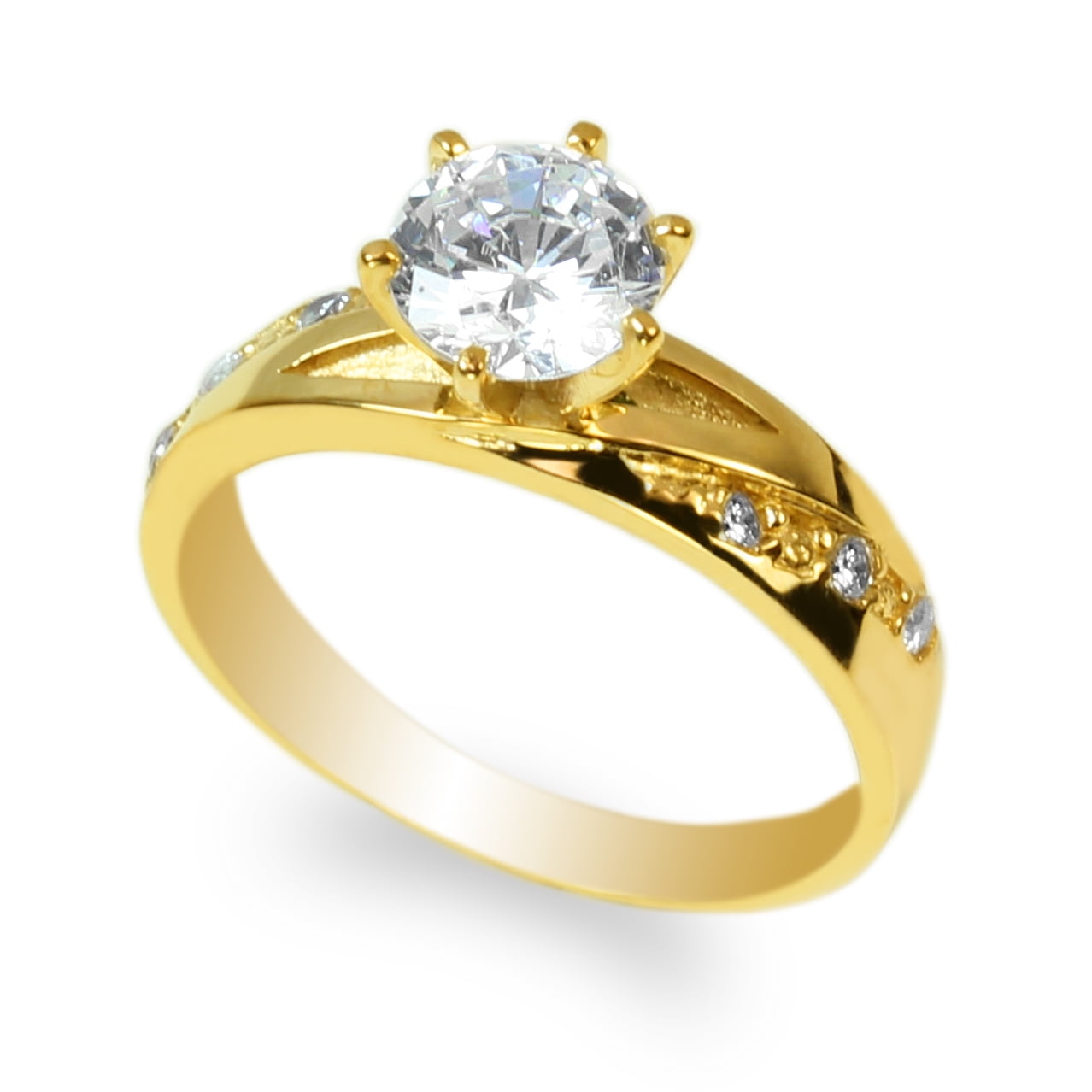 Ladies 14K Yellow Gold Solid  Solitaire Ring with Accents 1.0CT CZ Clear Stone 