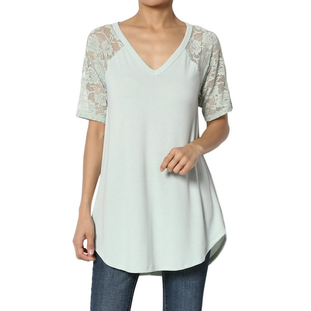 TheMogan - TheMogan Women's S~3X Lace-Sleeve Jersey Top V-Neck Extended ...