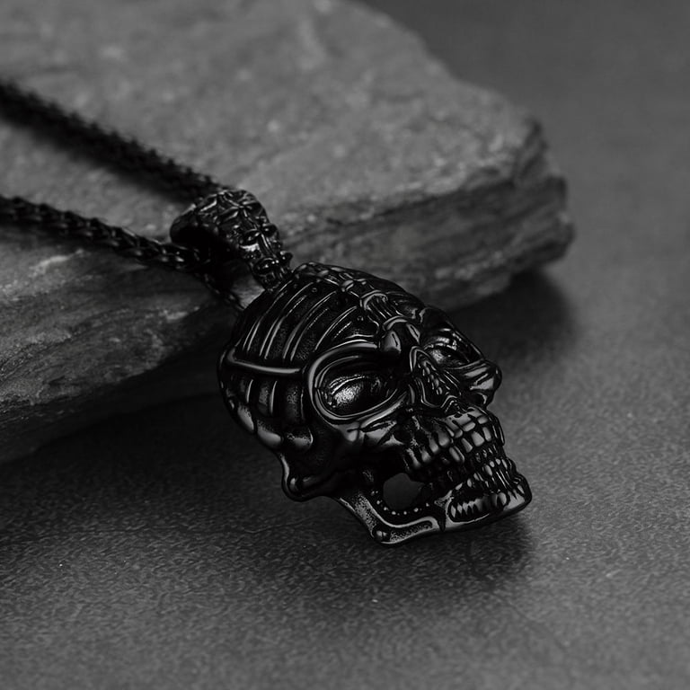 Men's Skull Necklace With Golden Horns - Gothic Viking Demon Skull Pendant, 23.6" Chain