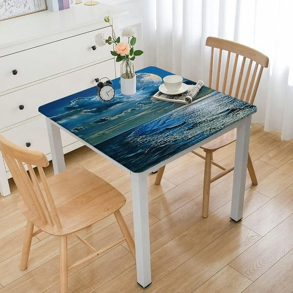 BANET Decorative Elastic Edged Square Fitted Tablecloth, Wavy Ocean Horizon Polyester Indoor Outdoor Fitted Tablecover for Parties,Weddings,Kitchen Fit Square Table White