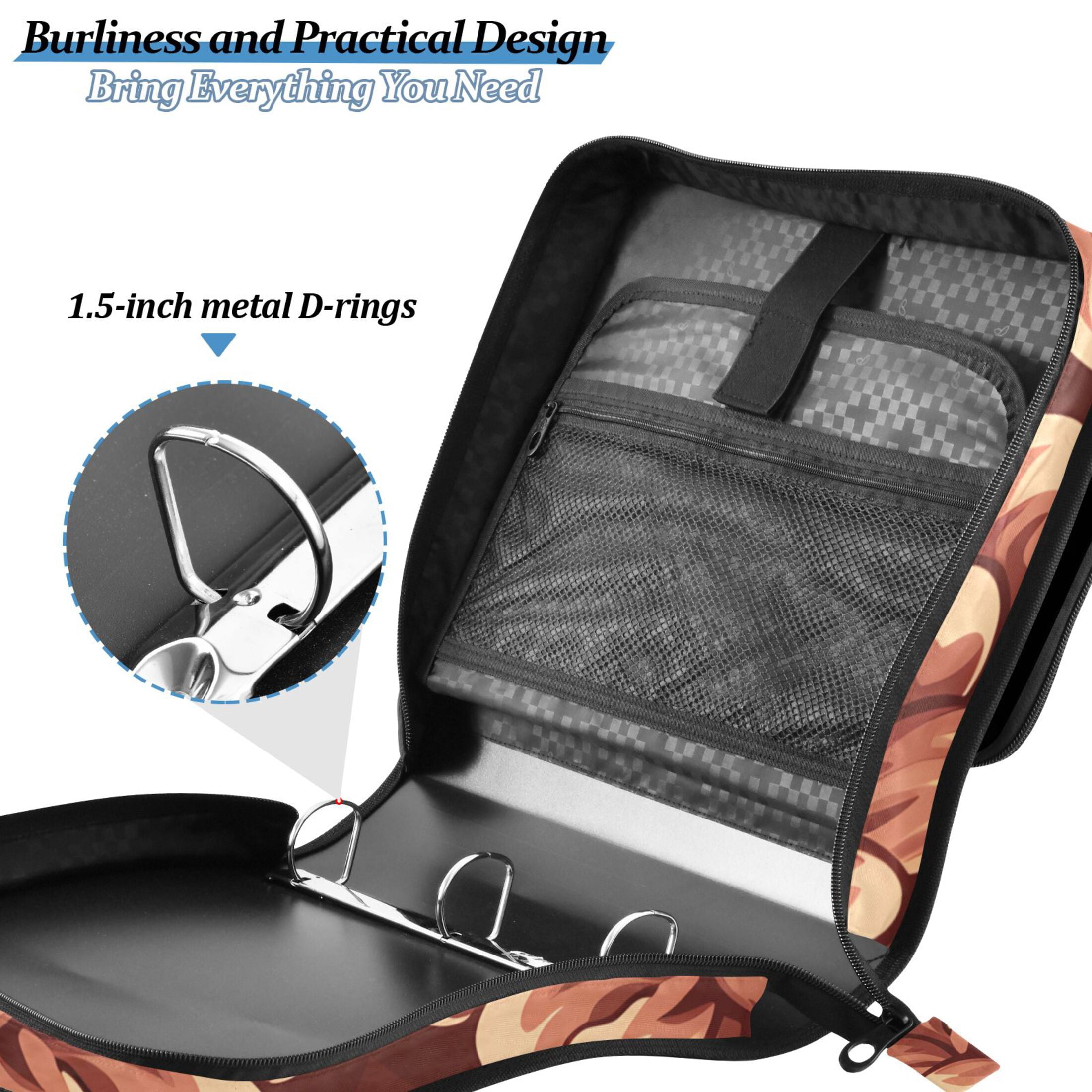 3 Ring Zipper Binder with Shoulder Strap Waterproof Trapper Keeper 2 Inch D-Ring 500 Sheets Capacity Elegant Large Flower