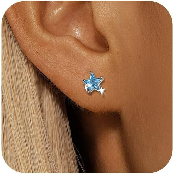 925 Sterling Silver Blue Birthstone Stars Stud Earrings for Women Sweet Star Shaped Cubic Zirconia Earrings to Daughter Mom Trendy Hypoallergenic Cute Star Earrings Wedding Christmas Jewelry for Her
