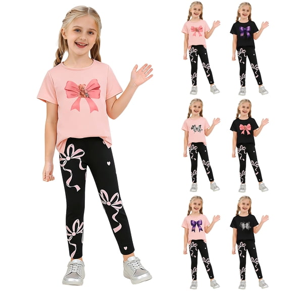 larppty Girls’ Bow Print Leggings and T-Shirt Set – Cute 2-Piece Outfit for Kids, Soft Cotton Blend, Casual Wear for Playtime, School, and Parties(Pink, 7 Years)
