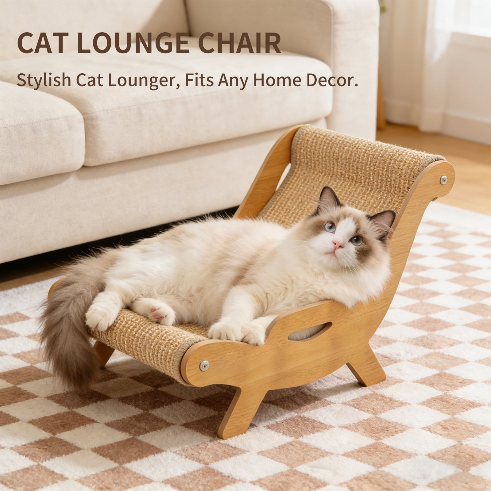 2 in 1 Cat Scratcher Lounge Chair, Wooden Hammock Bed With Woven Scratching Surface for Cats Kittens Dogs