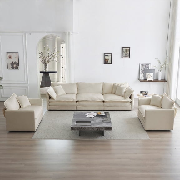 3-Piece Modern Sofa Set: 1 1 3 Seats Living Room Sofa with Accent & Loveseat, Beige Chenille Fabric, Solid Wood Frame