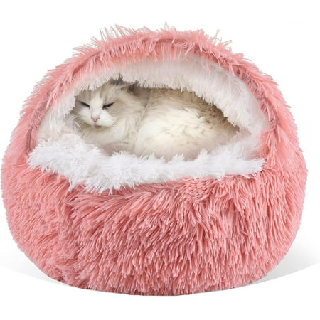 Cat Bed Round Fluffy Hooded Cat Bed Cave with Non-collapsed Plush Cover Cat Bed Donut for Indoor Cats Calming Dog Beds&Cat Anti-Slip Waterproof Bottom Washable Bed 20inch Pink