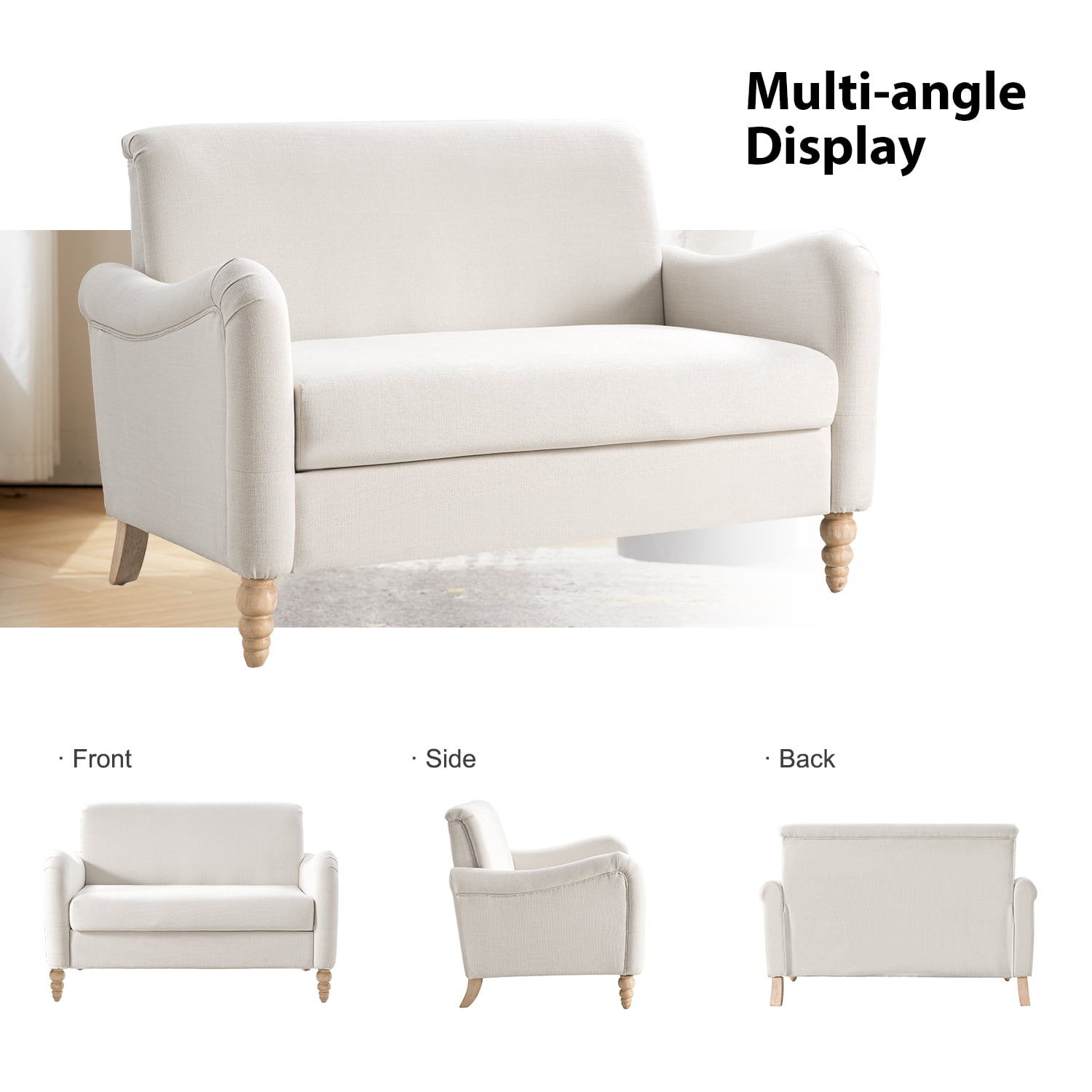 Tina's Home 50" Farmhouse Loveseat Sofa with Slope Arms and Solid Wood Bobbin Legs for Living Room, Ivory