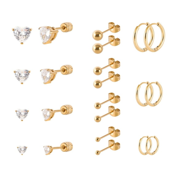 JUSTJANDM Stainless Steel Screw Back Stud Earrings Set, Gold Plated Round Heart Square Princess Cut Cubic Zirconia Stud Earrings for Women