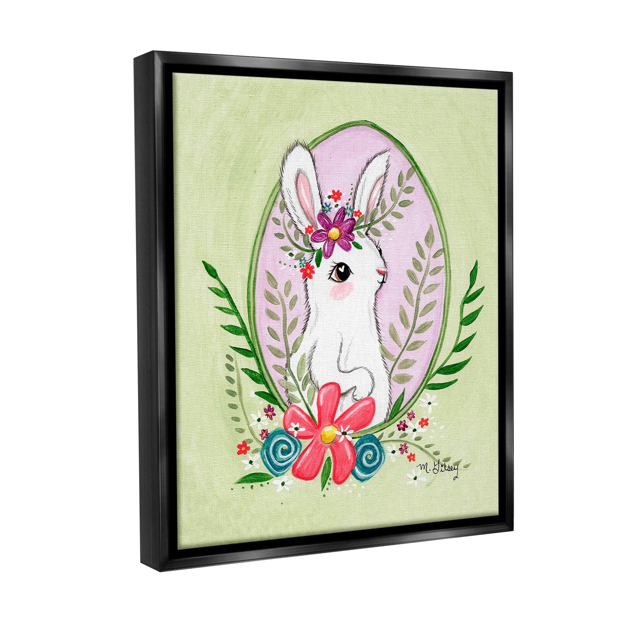 Stupell Industries Spring Bunny & Blossom Animals & Insects Painting Black Floater Framed Canvas Art Print Wall Art, 17 x 21