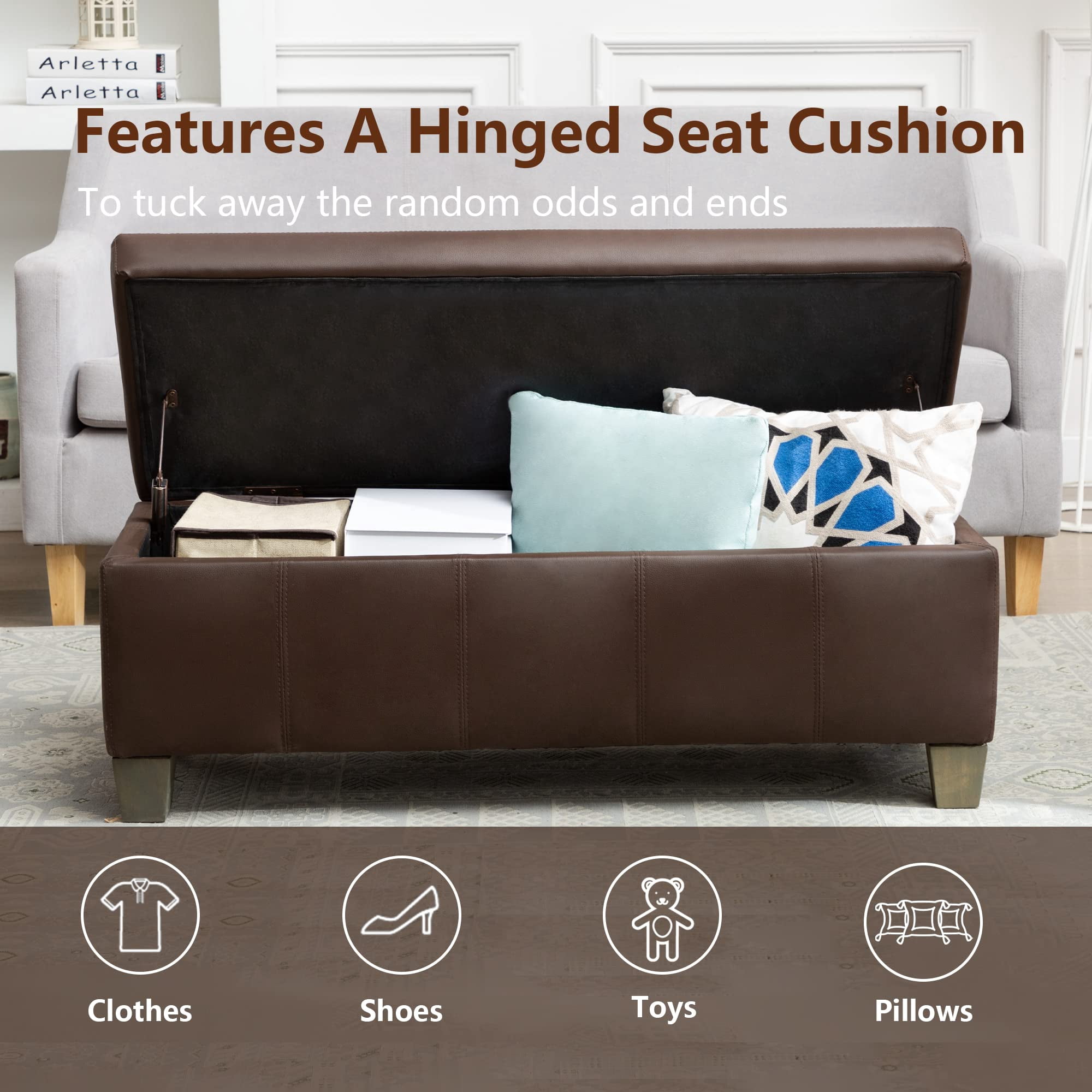 Foredo Rectangle Ottoman with Storage, Modern Faux Leather Bench with Solid Wood Legs, Ottoman for Living Room, Bedroom and Entryway, Brown