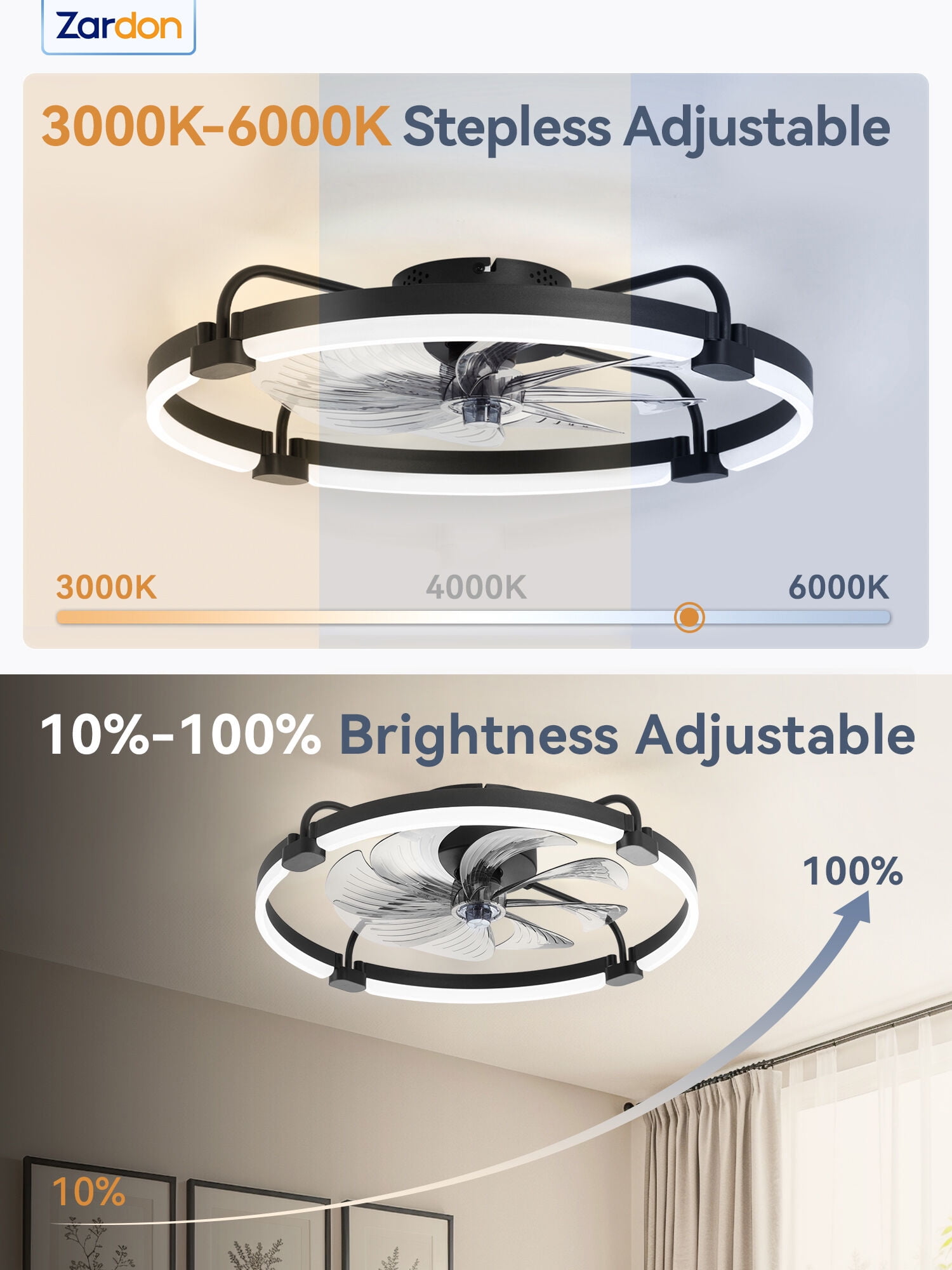 Zardon 24'' Ceiling Fans with Lights and Remote, Modern Flush Mount ,Dimmable LED Fan Light, for Bedroom, Black