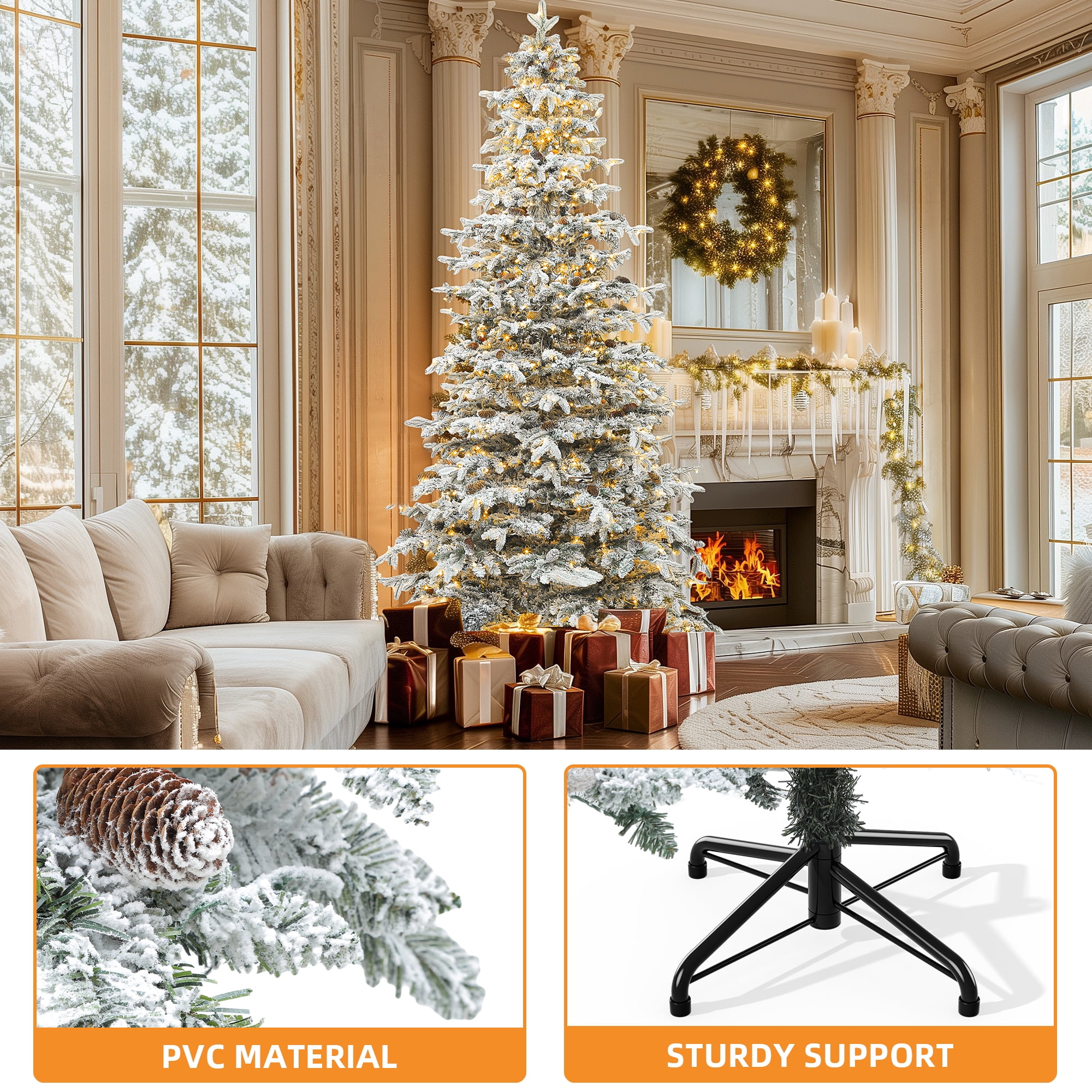 Uforic 9FT Pre-Lit Flocked Artificial Christmas Tree with 80 Pinecones,Pre-Lit Holiday Christmas Pine Tree with 1818 Branch Tips,820 Lights,for Home, Office and Party Decor