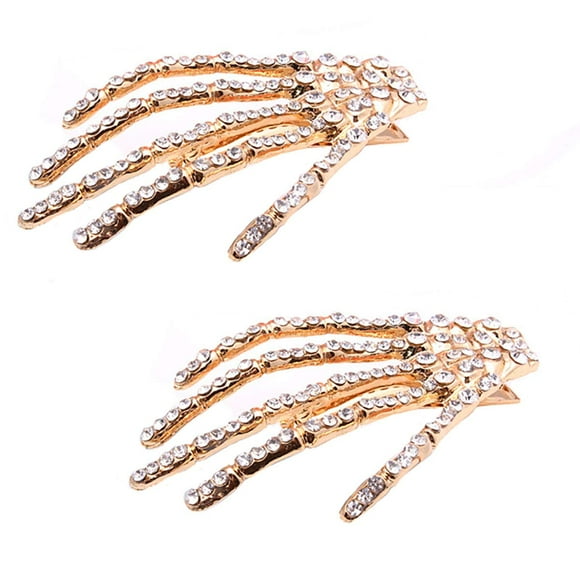 2Pcs Alloy Rhinestone Skeleton Claws Hand Hair Clip Hairpin Claw Barrette Fashion Hair Accessories for Women - White