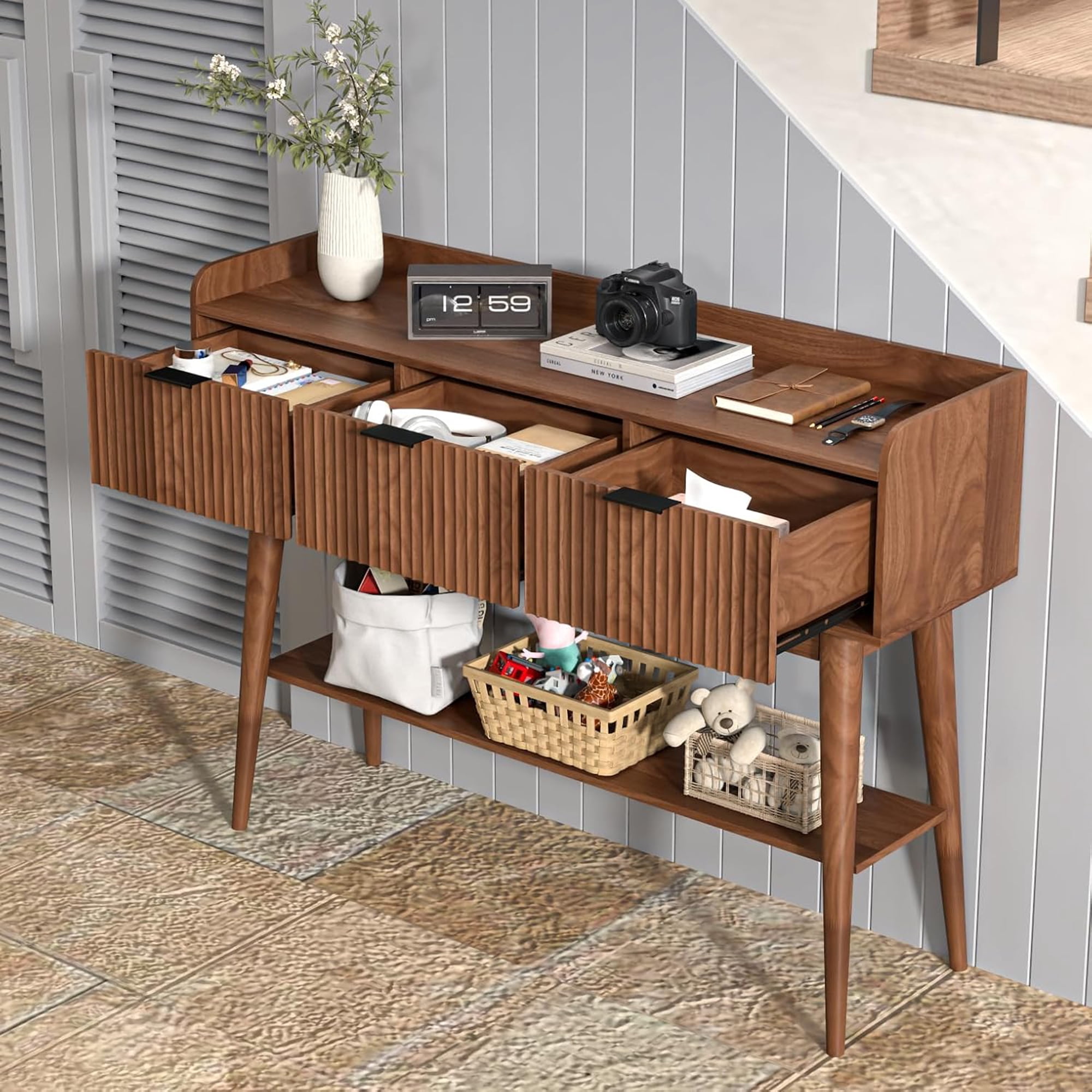 Console Table with Drawers, Narrow Entryway Table with Storage Shelves, Accent Sofa Table for Living Room, Hallway, Walnut