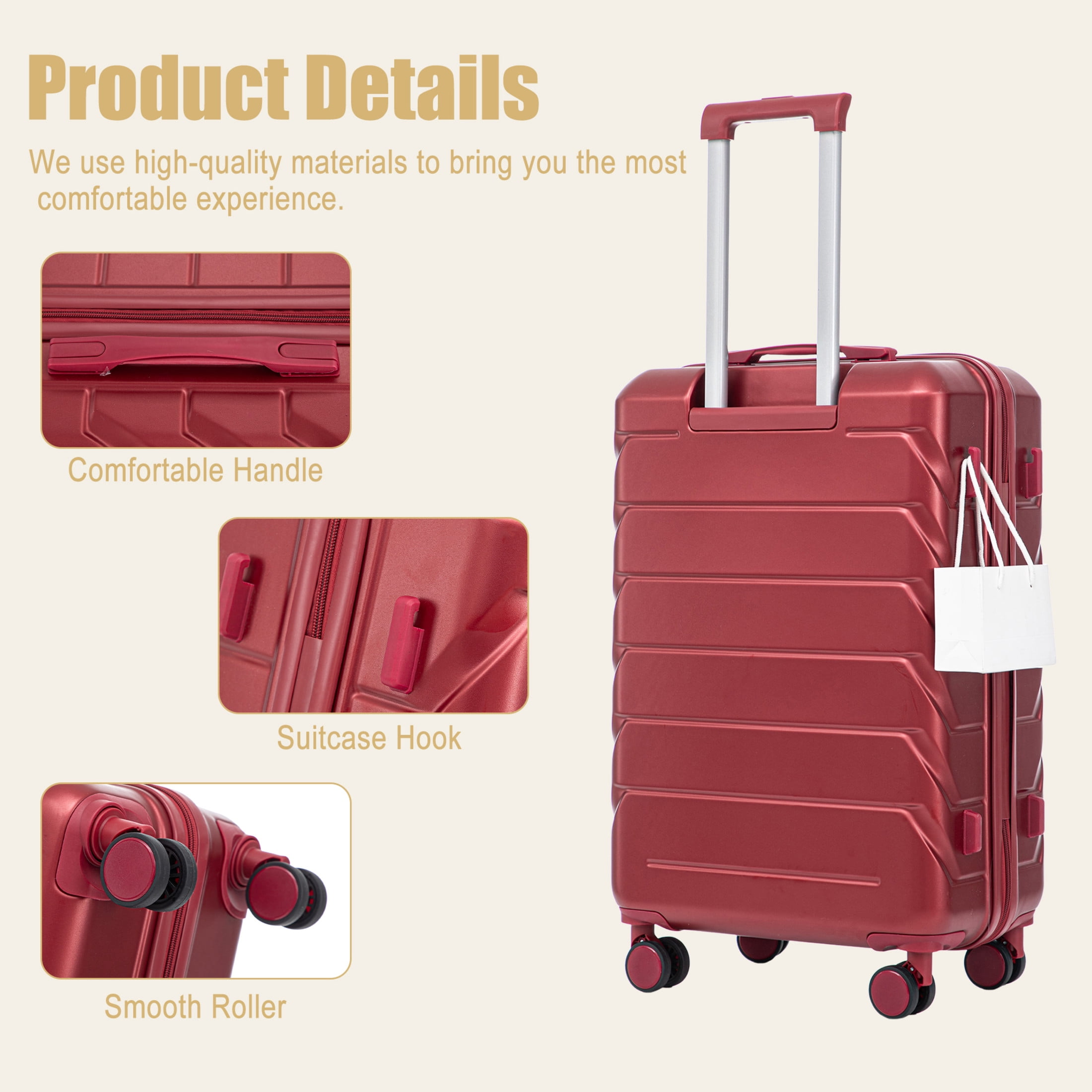 Noble House Lorven 28" ABS Hardshell Large Travel Checked Luggage with Side Hooks and Combination Lock, Wine Red