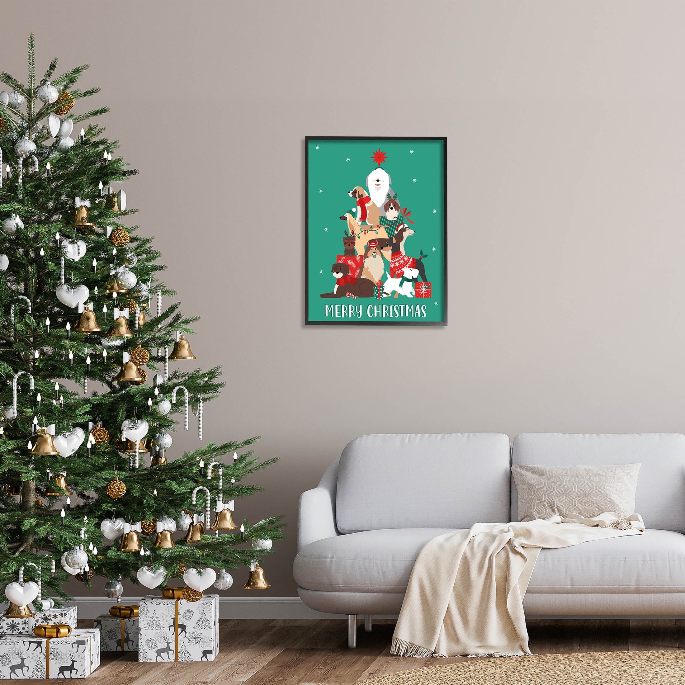 Merry Christmas Happy Dog Gifts Holiday Graphic Art Black Framed Art Print Wall Art