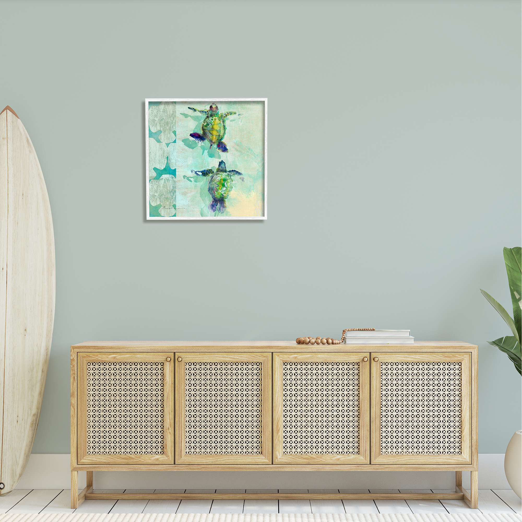 Stupell Green Turtles Swimming Abstract Shapes Landscape Painting White Framed Art Print Wall Art