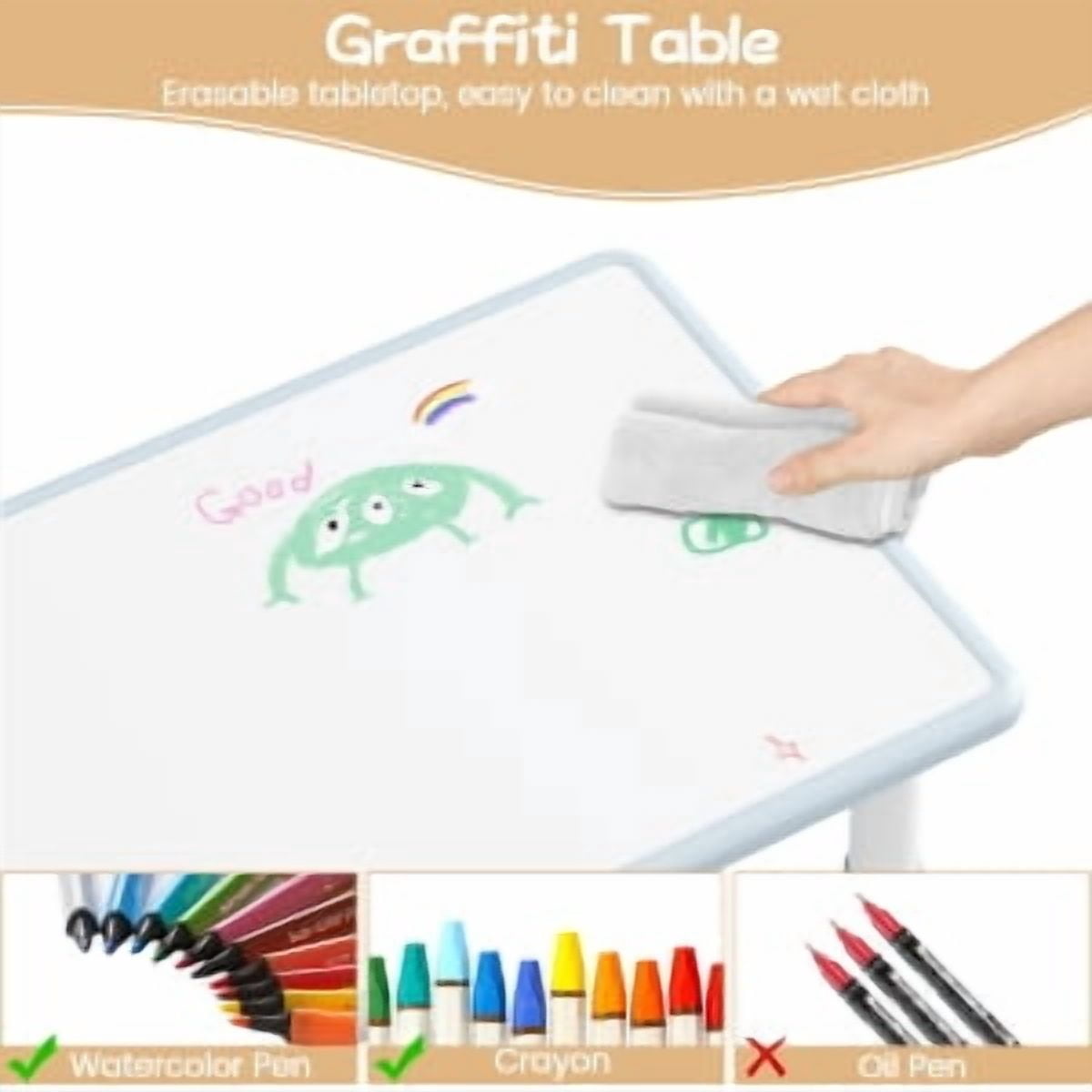 Kids Table & 2 Chair Set,Square Table and Chairs Set,Height Adjustable Toddler Table with Graffiti Desktop,Children Multi-Activity Table for 2,Kids Furniture for Ages 2-8
