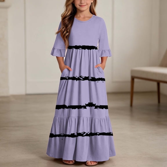 Little Girls Maxi Dress 4-14 Years Ruffle Half Sleeve Round Neck Floral Print Tiered Long Dress with Side Pockets Purple B 13-14 Years