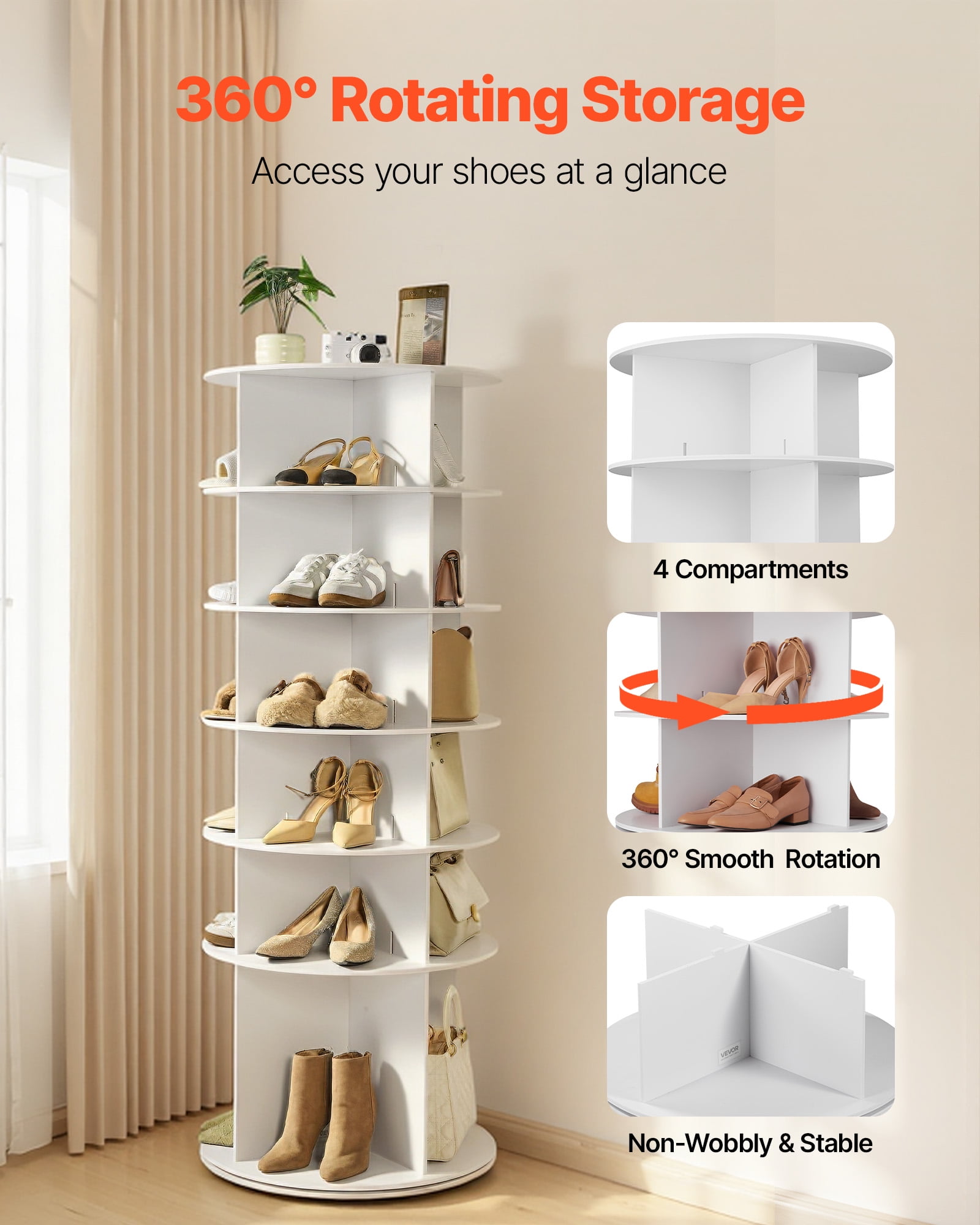 VEVOR 6 Tiers Rotating Shoe Rack Tower, 360° Spinning Shoe Rack, Revolving Storage Round Carousel Display, Freestanding Lazy Susan Organizer Display for Bedroom, Living Room, Entryway, Closet, White