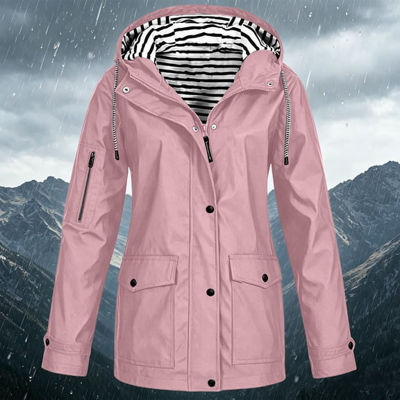 WAGUTH Women's Striped Lined Waterproof Hooded Rain Jackets Drawstring Hood Snap Zip Windproof Coats with Multi Pockets