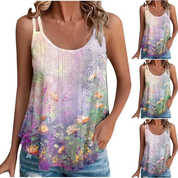 Ahuyic Womens Sleeveless Top,Tank Tops for Women,Womens Summer Loose Casual Fashion Print Crew Neck Tank Top