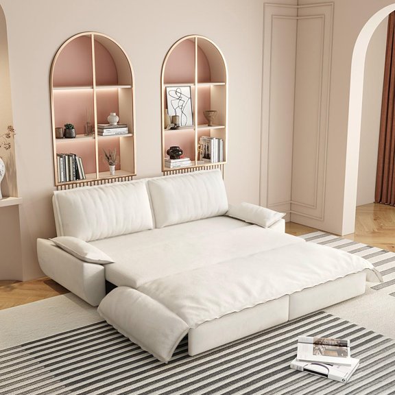 Kadyn Convertible Sleeper Sofa Bed, Multi-Functional 3-in-1 Loveseat with Pull Out Mechanism and Velvet Fabric, 73.2" Queen Size for Small Spaces, Office, Dorm, Beige