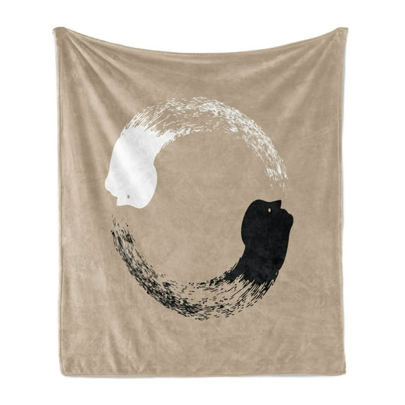 Yin and Yang Soft Flannel Fleece Throw Blanket, Abstract Artwork of an of Harmony Human Portraits Yoga, Cozy Plush for Indoor and Outdoor Use, 50" x 70", Black White and Tan, by Ambesonne