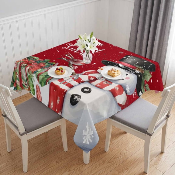 Red Snowman Christmas Table Cloth Waterproof Tablecloths, Winter Snowflake Xmas Gifts Tablecloth Dining Table Cover for Kitchen Party Tabletop Outdoor, Square Tablecloth 54x54 Inch