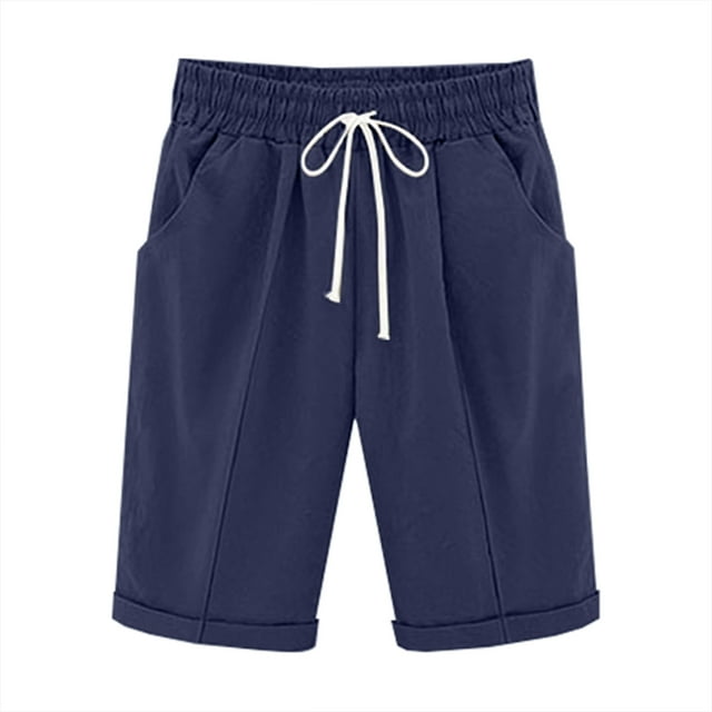LMKIHUSA Linen Bermuda Shorts for Women Knee Length Solid Color Shorts Drawstring Elastic Waist Shorts Plus Size Loose Fit Shorts with Pockets 2025 Navy,XXL