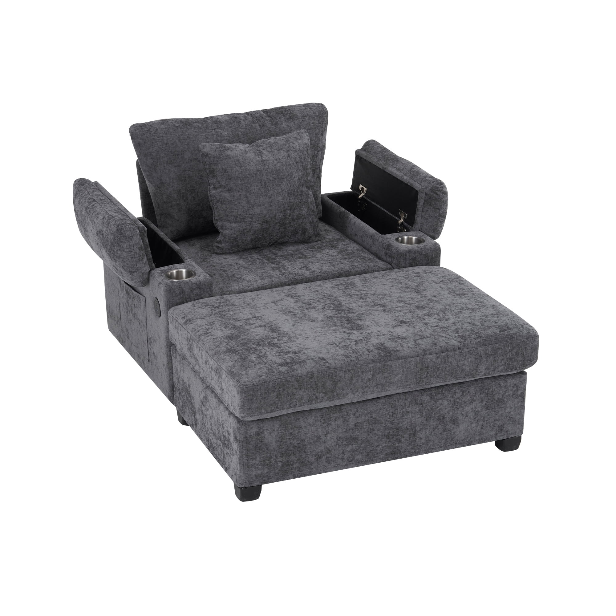 Aukfa 58" Chaise Lounge Oversized Sofa Chair with 2 Cup Holders&USB Ports, Chenille, Dark Gray