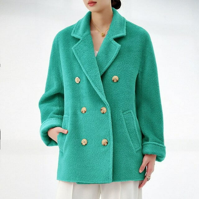 QueenLine High-end 100% Alpaca Loose Short Black Thickened White Warm Jacket Double Breasted Commuter Coat