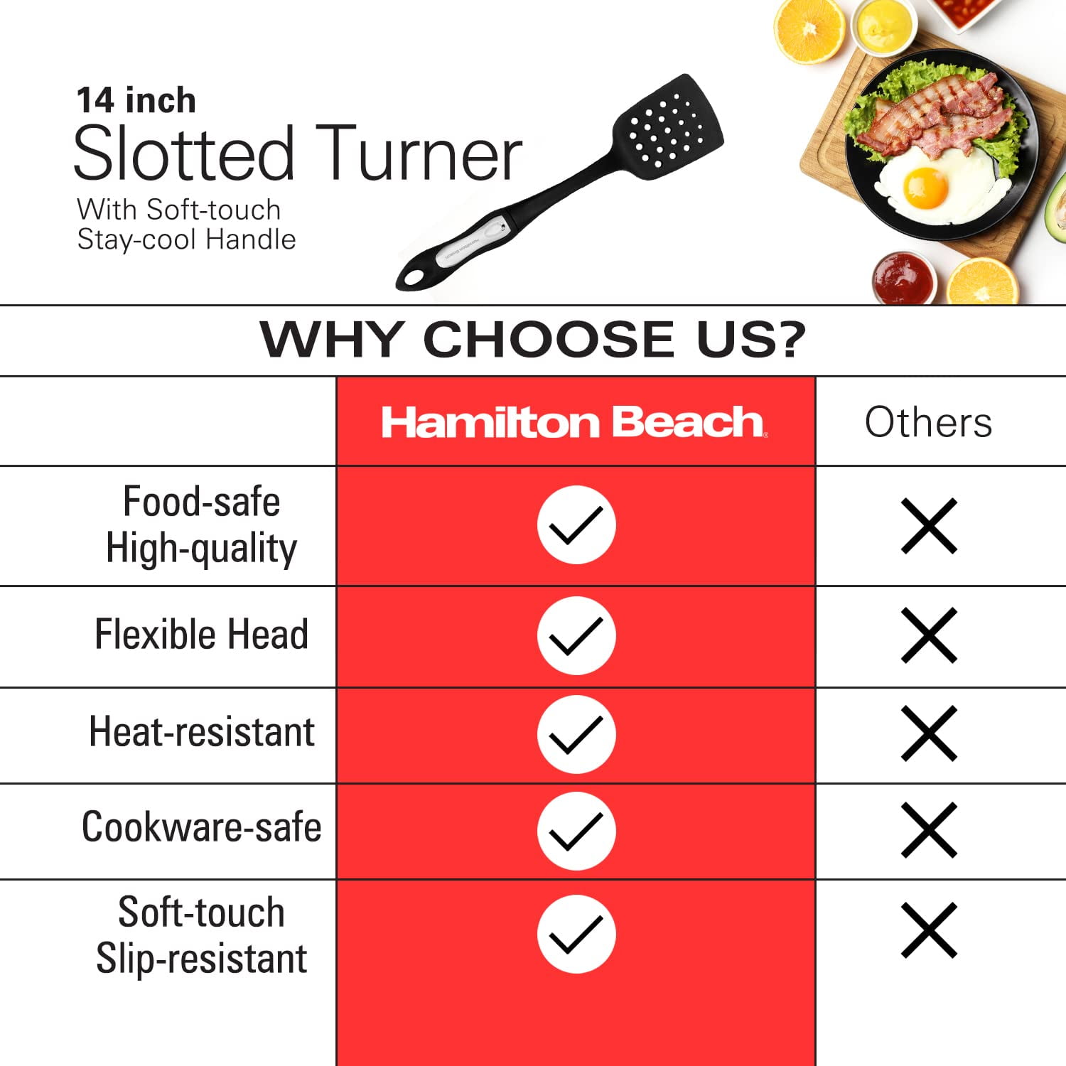 Hamilton Beach Solid Spatula Turner Hard Plastic Heat-Resistant 14in  Soft-Touch Ergonomic Handle Heavy Duty, Spatulas Turner for Vegetables 