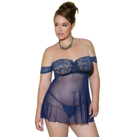 Plus Size Curvy BBW Scalloped Lace Off Shoulder Ruching Babydoll