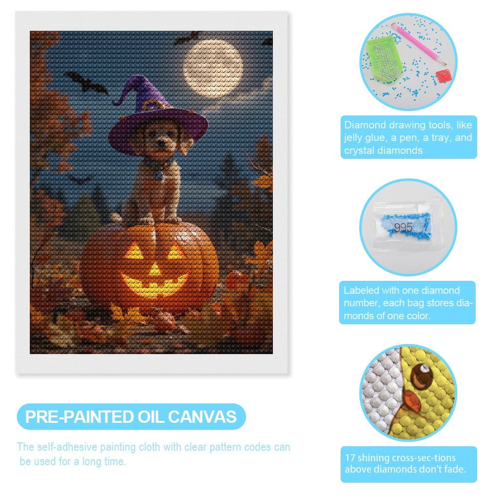 Diamond Art Kits for Adults, Puppy Halloween Pumpkin Moonlit Night 5D Diamond Painting Kits for Adults Beginners, DIY Full Drill Diamond Painting, Gem Art and Crafts 12x16