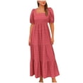thumbnail image 2 of Puntoco Vestido De Bolsillo De Manga Corta Con Cuello Cuadrado Y Espalda Ahumada Para Mujer Rojo Xl,Regalos Para Mujer Joven, 2 of 6
