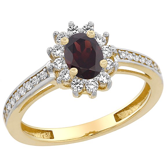 14K Yellow Gold Natural Garnet Flower Halo Ring Oval 6x4mm Diamond Accents, size 6