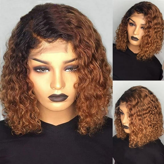 SUCS Short Curly Brown Bob Wig Lace Front Human Hair Wigs for Women Light Brown Synthetic Wig