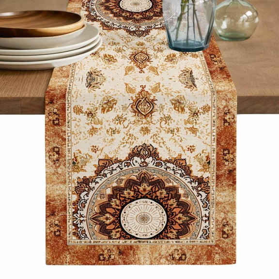 Boho Leaf Table Runner, Orange Rustic Tribal Patterns Ethnic Bohemian Washable Cotton Linen Table Runners 48 Inches Long, Dresser Scarf Runner for Nightstand/Coffee/End Tables 13''x48''