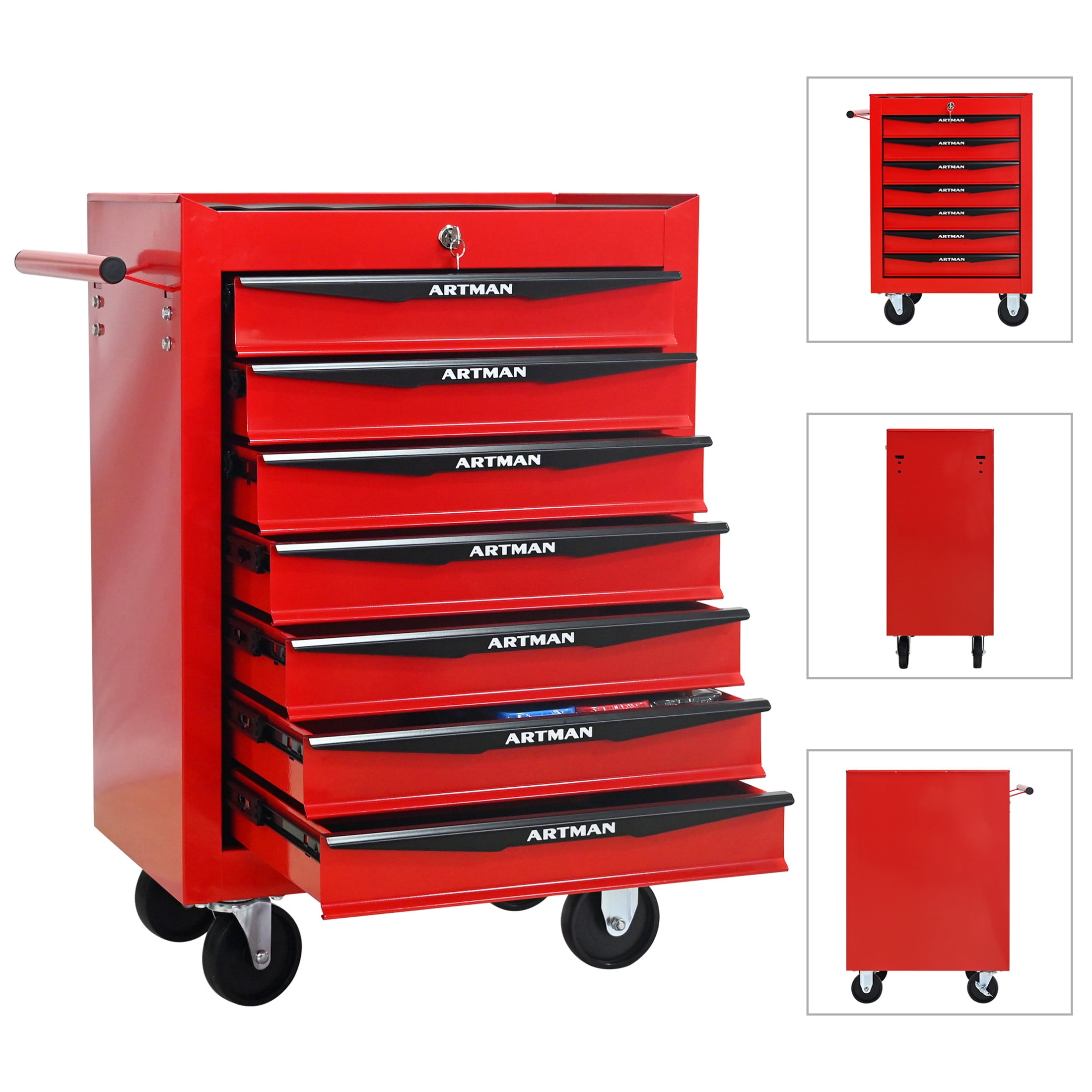 Noble House 7-Drawer Mobile Steel Tool Organizer with Key Lock, Ball Bearing Slide Storage Cabinet Box, Red