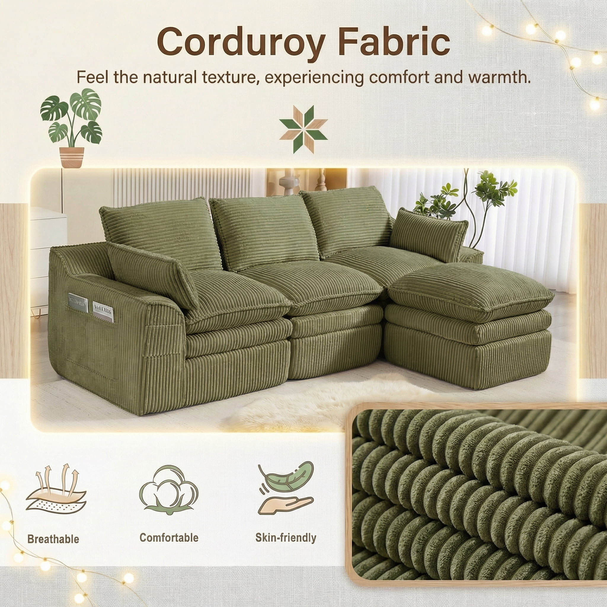104" Modern Modular L-Shaped Sectional Cloud Sofa, Compressed Corduroy Floor Couch with Movable Ottoman