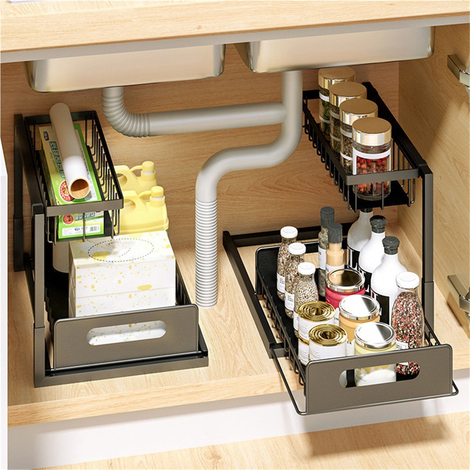 2-Tier Under Sink Organizer with Slide-Out Drawers, Easy to Disassemble Iron Frame