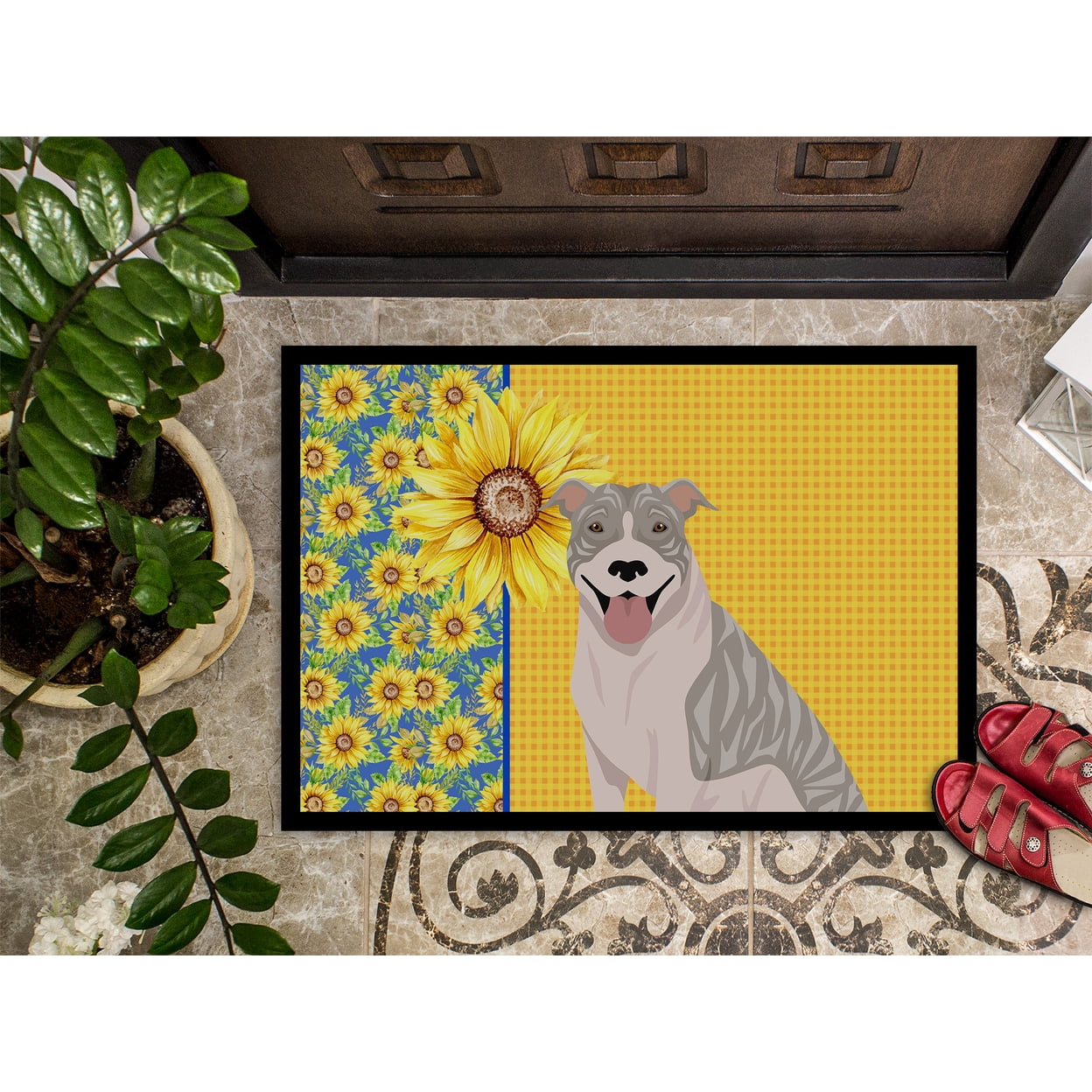 Carolines Treasures WDK5317JMAT 24 x 36 in. Summer Sunflowers Blue Brindle Pit Bull Terrier Indoor or Outdoor Mat