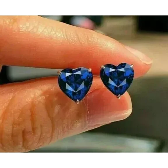 2.00Ct Heart Shape Lab Created Blue Sapphire Stud Earrings 14K White Gold Plated