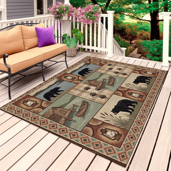 Brown Ethnic Outdoor Rug for Patio/Deck/Porch, Non-Slip Large Area Rug 4 x 6 Ft, Black Bear Paw Farmhouse Cabin Canoe Retro Plaid Indoor Outdoor Rugs Washable Area Rugs, Camping Rug Carpet Runner