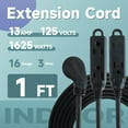 1 Ft Flat Plug Extension Cord, 16 AWG 3 Prong Grounded Low Profile